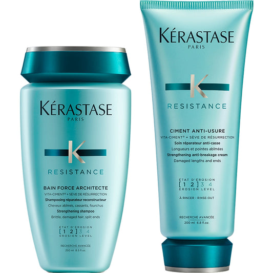 Kérastase Resistance Bain Force Architecte Daily Strengthening Shampoo 250ml & Ciment Anti-Usure Conditioner 200ml Twin