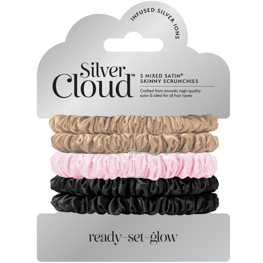 Silver Cloud Skinny Satin Scrunchies Mixed Pack of 5