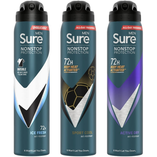 Sure Mens Anti-Perspirant Deodorant Spray Variety Pack 3 x 250ml