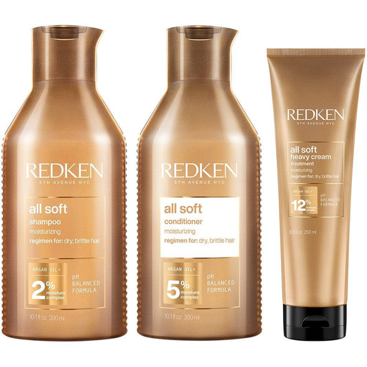 Redken All Soft Moisturising Shampoo 300ml, Conditioner 300ml + Mask 250ml Bundle