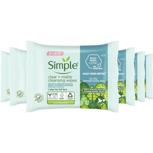 Simple Daily Skin Detox Biodegradable Clear & Matte Cleansing Wipes Multipack 6 x 20 Wipes