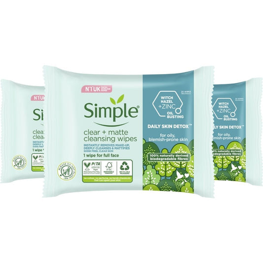 Simple Daily Skin Detox Biodegradable Clear & Matte Cleansing Wipes Trio 3 x 20 Wipes