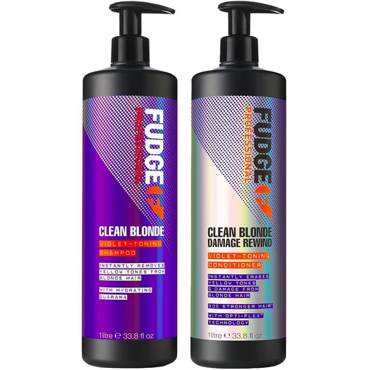 Fudge Professional Clean Blonde Violet Toning Shampoo & Damage Rewind Conditioner Twin 2 x 1000ml