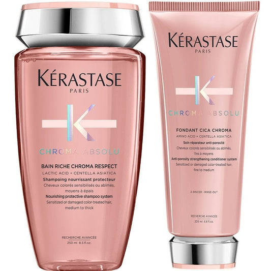 Kerastase Chroma Absolu Bain Riche Chroma Respect Nourishing Protective Shampoo 250ml & Cica Chroma Anti-Porosity Strengthening Conditioner 200ml Twin