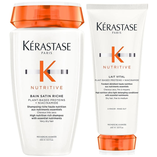 Kerastase Nutritive Bain Satin Riche High Nutrition Rich Shampoo 250ml & Nutritive Lait Vital High Nutrition Ultra-Light Conditioner 200ml Twin