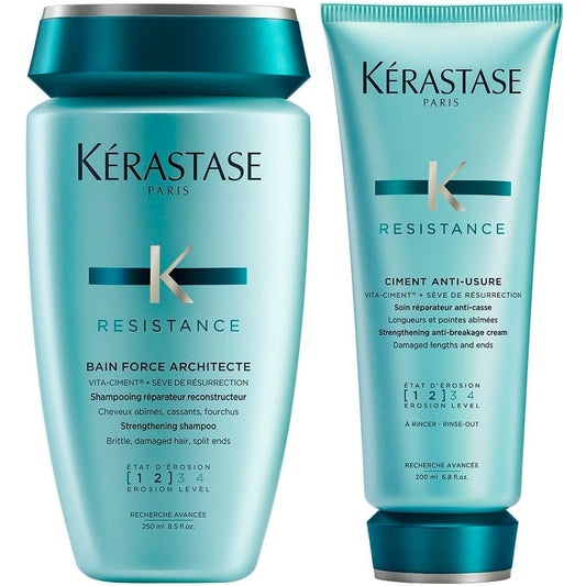 Kerastase Resistance Bain Force Architecte Strengthening Shampoo 250ml & Ciment Anti-Usure Anti-Breakage Cream 200ml Twin