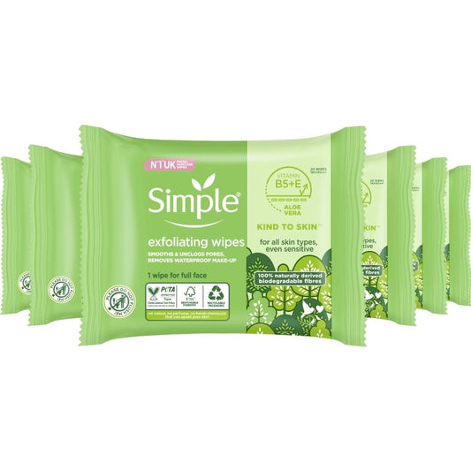 Simple Kind To Skin Biodegradable Double-Sided Exfoliating Face Wipes Multipack 6 x 20 Wipes