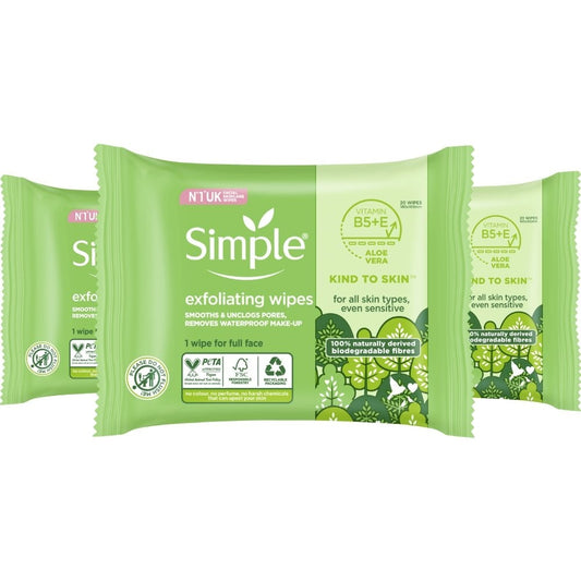 Simple Kind To Skin Biodegradable Double-Sided Exfoliating Face Wipes Trio 3 x 20 Wipes