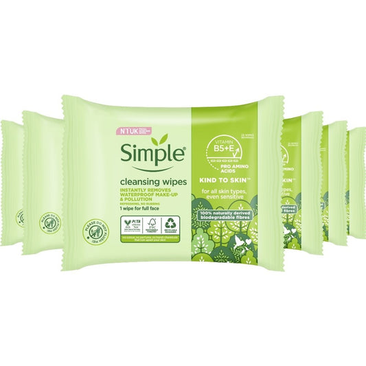 Simple Kind To Skin Cleansing Biodegradable Face Wipes Multipack 6 x 25 Wipes