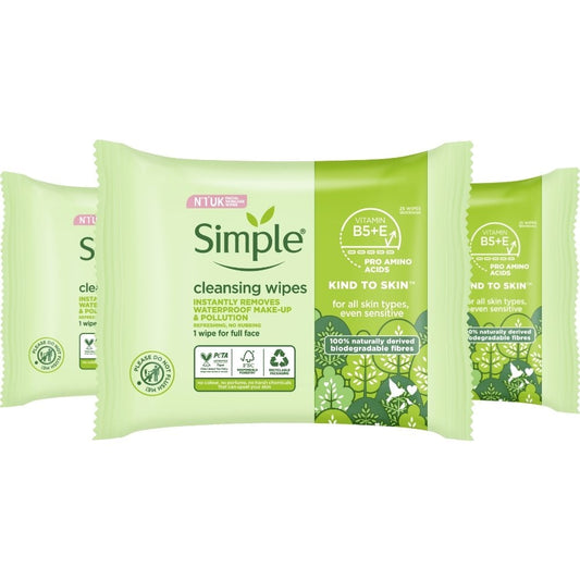 Simple Kind To Skin Cleansing Biodegradable Face Wipes Trio 3 x 25 Wipes