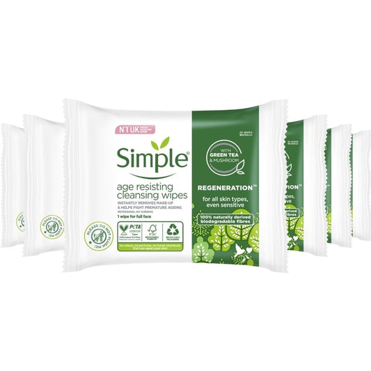 Simple Regeneration Biodegradable Age Resisting Face Wipes Multipack 6 x 20 Wipes