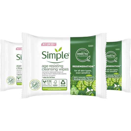 Simple Regeneration Biodegradable Age Resisting Face Wipes Trio 3 x 20 Wipes