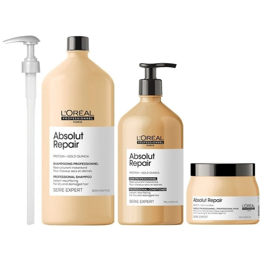 L'Oreal Professionnel Serie Expert Absolut Repair Protein + Gold Quinoa Instant Resurfacing Shampoo 1500ml, Conditioner 750ml & Mask 500ml Trio