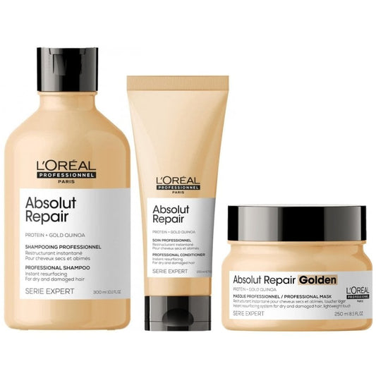 L'Oreal Professionnel Serie Expert Absolut Repair Shampoo 300ml, Conditioner 200ml & Golden Resurfacing Mask 250ml Trio