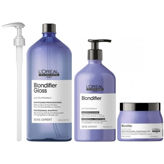 L'Oreal Professionnel Serie Expert Blondifier Gloss Resurfacing + Illuminating Shampoo 1500ml, Conditioner 750ml & Mask 500ml Trio