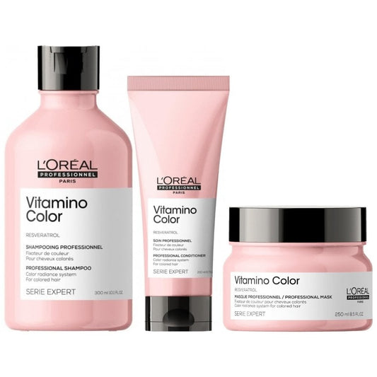 L'Oreal Professionnel Serie Expert Vitamino Colour Radiance Shampoo 300ml, Conditioner 200ml & Mask 250ml Trio