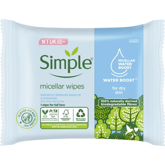 Simple Biodegradable Micellar Face Wipes Pack of 20