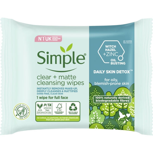 Simple Daily Skin Detox Biodegradable Matte Wipes Pack of 20