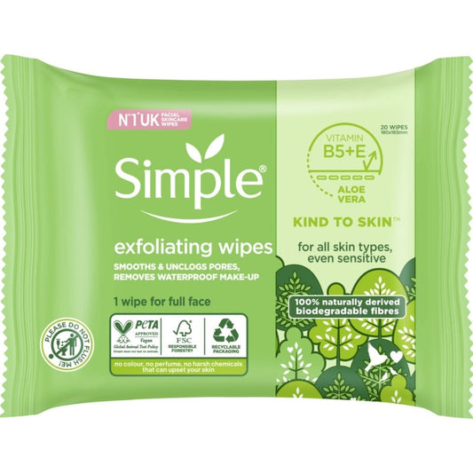 Simple Kind To Skin Biodegradable Exfoliating Face Wipes Pack of 20